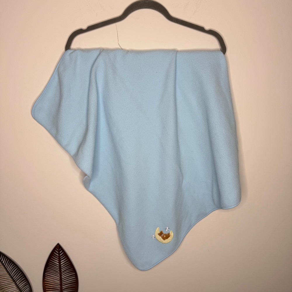 Cutie Pie Baby Blanket Blue Fleece Teddy Bear Moon Gingham Stripe Lining Vintage